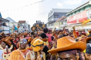 Photograph from J'ouvert morning celebrations under Sugar Mas 53 in St. Kitts and Nevis 