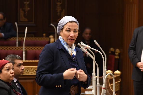 Egyptian Environment Minister, Dr Yasmin Fouad speaks at plenary meeting of Senate today(image credits Facebook)