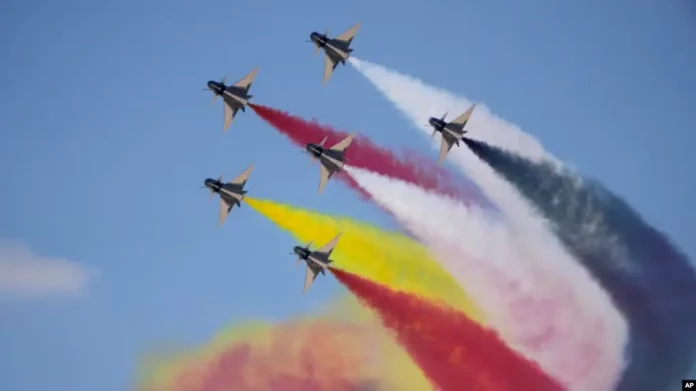 Chinese J-10 fighter jets perform during the Egypt International Airshow at El Alamein International Airport, Sept. 4, 2024