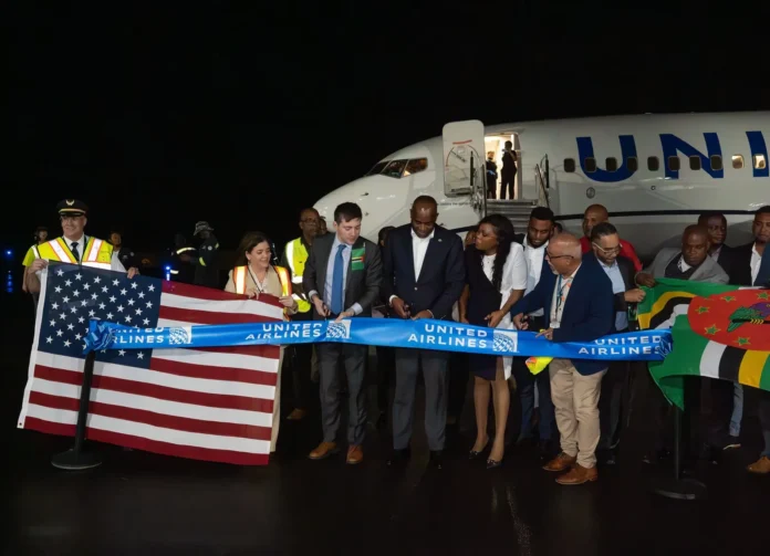 PM Roosevelt Skerrit at the inaugural ceremony of United Airlines flight from Newark to Dominica