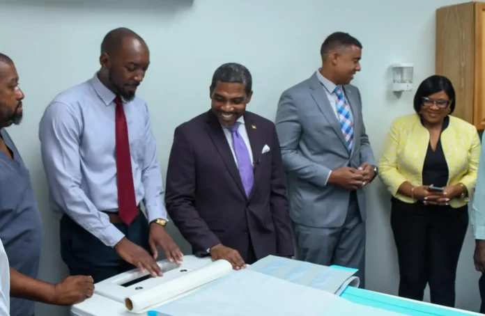 PM Terrance Drew with Attorney General Garth Wilkin at the launch of CT Scan Machine in JNF General Hospital, St. Kitts and Nevis