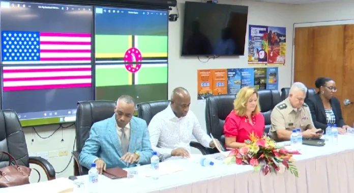 PM Skerrit, Karen Sullivan and others at handover ceremony for US funded projects in Dominica