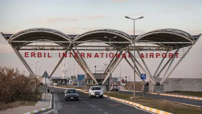 Security patrols outside Arbil International Airport following the drone interception on Monday morning