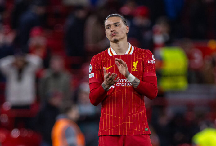 Darwin Nunez in Liverpool colors, set to depart Anfield as Saudi clubs Al-Hilal and Al-Ahli compete for his signature
