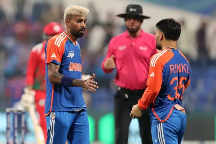 India’s Hardik Pandya celebrates after a crucial wicket against Oman, sealing victory in their final Asia Cup group-stage clash